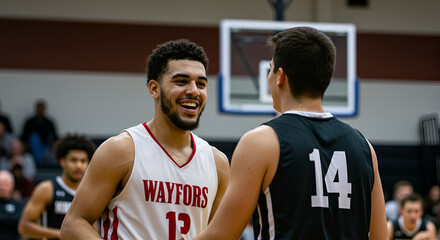 Fototapeta premium Two basketball players, smiling and interacting
