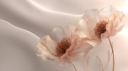 Delicate Gold And Pink Poppy Flowers On A Beige Background