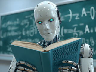 A futuristic robot reading a book in a classroom setting, with mathematical equations on the chalkboard in the background.