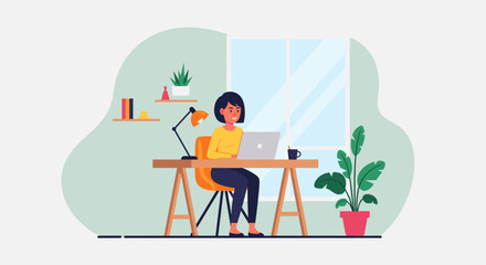 Woman working from home on laptop, perfect for website banners or blog posts about remote work.