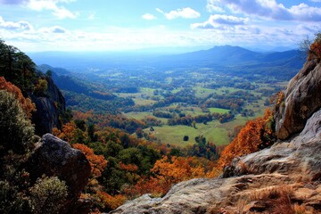 High vantage point of a valley, autumn colors