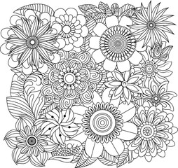 Fototapeta premium Intricate line art floral design bursting with detailed flowers and leaves for coloring or decoration