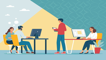 Teamwork in a modern office: Illustration of colleagues collaborating on projects, ideal for website banners or business presentations.