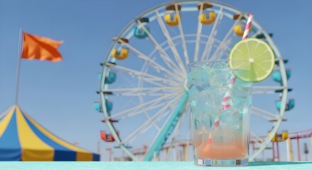 Ferris Wheel at Amusement Park with Refreshing Cocktail | Fun Fair Theme with Drink, Flag and Blue Sky for Summer Festivals and Events Marketing