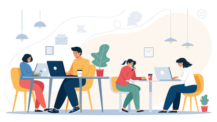 Diverse team collaborating in a modern co-working space, perfect for website banners or business presentations.