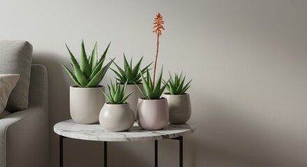 Modern Interior with Succulent Plants in Minimalistic Pots on Stylish Marble Table