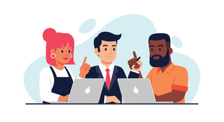 Diverse team brainstorming ideas on laptops, perfect for website banners or business presentations.