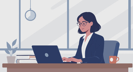 Businesswoman working on laptop in modern office, ideal for website banners or presentations.