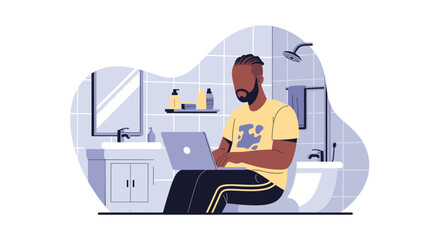 Man working on laptop in bathroom - perfect for articles on work-life balance, remote work, or modern living.