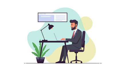 Businessman working on laptop at desk, ideal for website landing pages or business brochures.