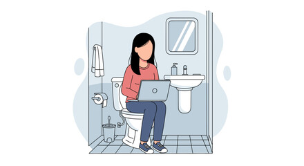 Woman working on laptop in bathroom - Illustration for articles about work-life balance or remote work challenges.