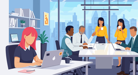 Diverse team collaborating in a modern office, perfect for illustrating teamwork, productivity, and modern workplace concepts.