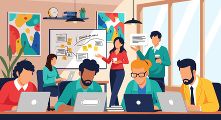 Diverse team brainstorming in a modern office, ideal for website banners or presentations.