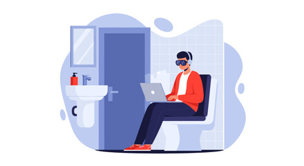 Man working on laptop in bathroom,  illustration for articles about work-life balance or remote work.