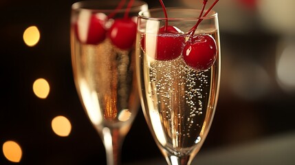Two glasses of sparkling wine with maraschino cherries