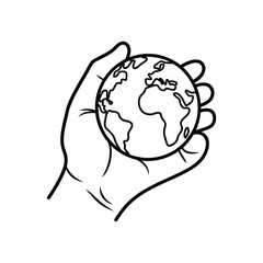 Hand holding the planet earth in a simple line drawing illustration