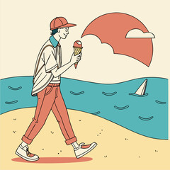 Obraz premium A man in casual wear holding ice cream and walking near the shore 