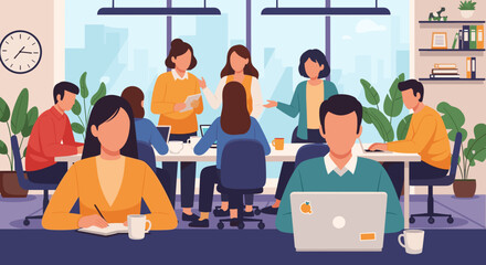 Diverse team collaborating in a modern office, perfect for illustrating teamwork and productivity on your website or company brochure.