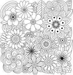 Intricate black and white floral pattern full frame line art blossoms and buds