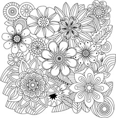 Intricate floral pattern black and white line art for coloring pages and art projects