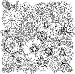 Intricate detailed floral arrangement black and white line art pattern for coloring