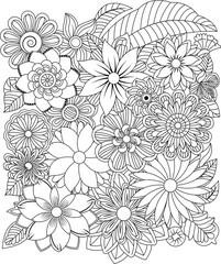 Intricate line art floral design featuring daisy-like flowers and lush greenery for coloring