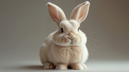 Obraz premium Fluffy Light-Colored Rabbit with Upright Ears and Dark Eyes on Neutral Background