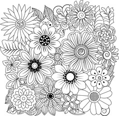 Intricate black and white floral pattern with detailed petals and starburst designs