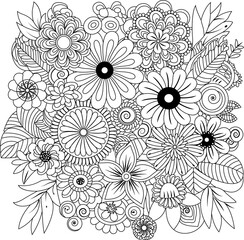 Detailed outline of a large bouquet of various flowers and leaves for coloring