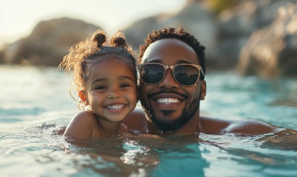 Happy Black father and daughter swimming on summer vacation in the ocean, capturing candid moments of bonding and fun, celebrating Fathers Day in nature, Generative AI