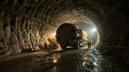 Tunnel construction machinery working in dimly lit tunnel