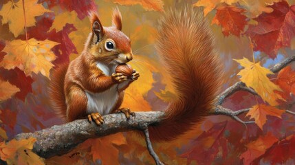 Fototapeta premium Red squirrel eating acorn amidst autumn leaves on branch.