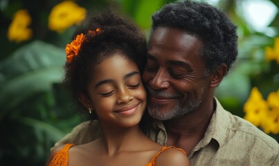 Happy candid father and daughter cuddling in loving embrace on Father's Day, bonding while spending time together in the garden, promoting family values and father-child, Generative AI