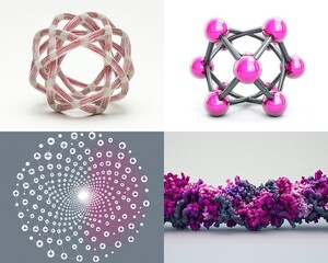 Four geometric designs featuring complex patterns and vibrant, contrasting colors