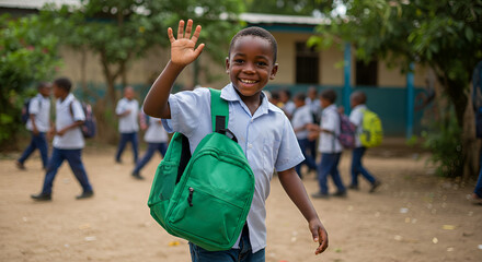 Cheerful student waves hello after school
