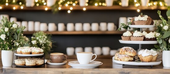 Naklejka premium Artisan cafe sweets display with coffee and floral arrangements centerpiece