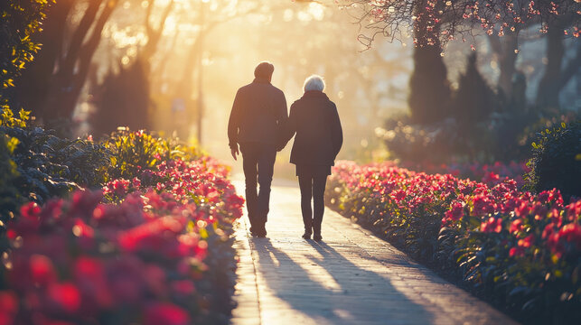 Walking hand in hand, couple enjoys serene garden stroll