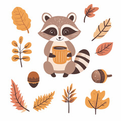 A cute raccoon holding a warm mug, autumn leaves, and acorns, perfect for seasonal printable DIY materials and cozy holiday accents