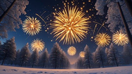 Fireworks explode above a snow-covered forest at night, illuminating the winter landscape with bright, golden bursts.