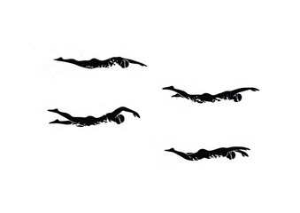 Obraz premium Set of swimmer silhouettes in motion. A graphic representation of swimming technique and athletic movement, isolated on white.