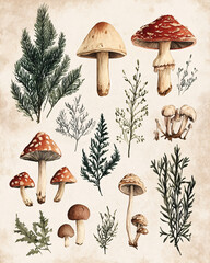 Vintage watercolor illustration of forest mushrooms and botanical herbs on textured background, autumn woodland nature set
