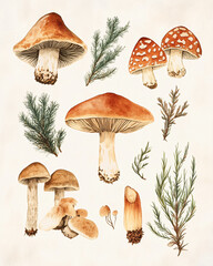 Watercolor forest mushroom and herb set with pine branches and toadstools on white background, botanical autumn illustration
