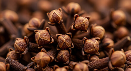 Obraz premium Detailed macro shot of a pile of whole dried cloves, showcasing the rich texture and form of the aromatic botanical spice.