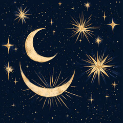 Golden crescent moons and stars on deep navy night sky, celestial watercolor illustration with mystical and dreamy atmosphere
