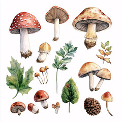 Watercolor autumn forest set with mushrooms, leaves, and pinecone on white background, hand-painted botanical illustration
