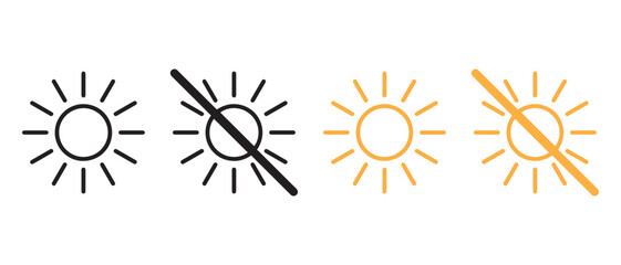 Sun Icon Set. Black and Orange Symbols for Brightness and Light Mode Settings.