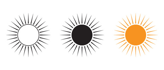 Minimal Sun Icons Set. White, Black, and Orange Variants for UI Design and Weather Symbols.