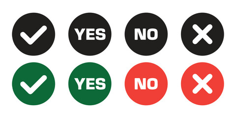 Set of YES/NO and Check/Cross Symbols. in Black and Colored Circles Approval and Disapproval Icons for UI/UX Design.