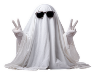 Ghost costume with sunglasses peace sign gesture playful mood white sheet Halloween isolated fun creative spooky adult
