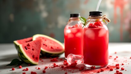 Refreshing watermelon drinks in glass bottles, surrounded by fresh watermelon slices and vibrant red splashes, evoke a summery vibe.